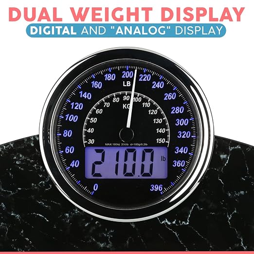 Hybrid Bathroom Scale - Analog & Digital Display, Accurate to 400 lbs | See weight on both an analog dial and digital LCD at once. Wide glass platform, accurate to 0.2 lbs, batteries included.
