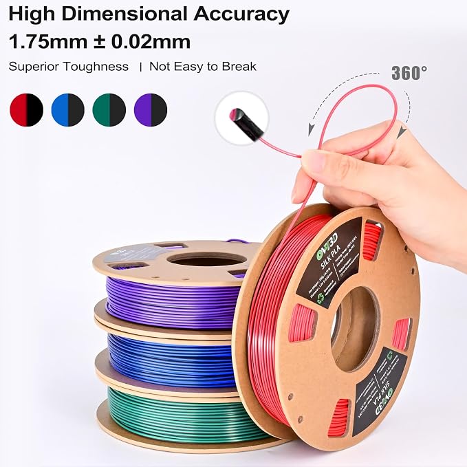 OVV3D Silk PLA 3D Printer Filament Bundle 250g x 4 Spools, Shiny Dual Color Filament 1.75mm Pack, Multi Color Change 3D Printing Filament, High Gloss Shine, 4 Pack (Black - Purple, Red, Green, Blue)
