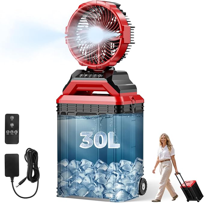 Portable Misting Fan with 30L Water Tank, 2-in-1 Rolling Mist Fan with Wheels, 30000mAh Rechargeable Battery Operated Cooling Station with Remote for Golf Cart, Patio, Camping, Outside & Travel