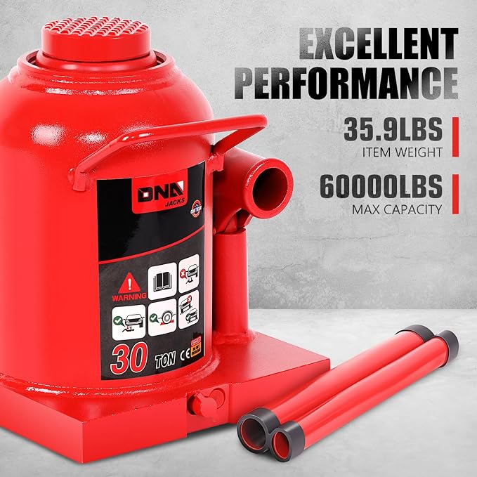 DNA Motoring 30 tons / 60000 lbs Lifting Automotive Welded Hydraulic Bottle Jack for Repair Vehicle, Pickup, Truck, w/Manual Handle, Red,TOOLS-00364