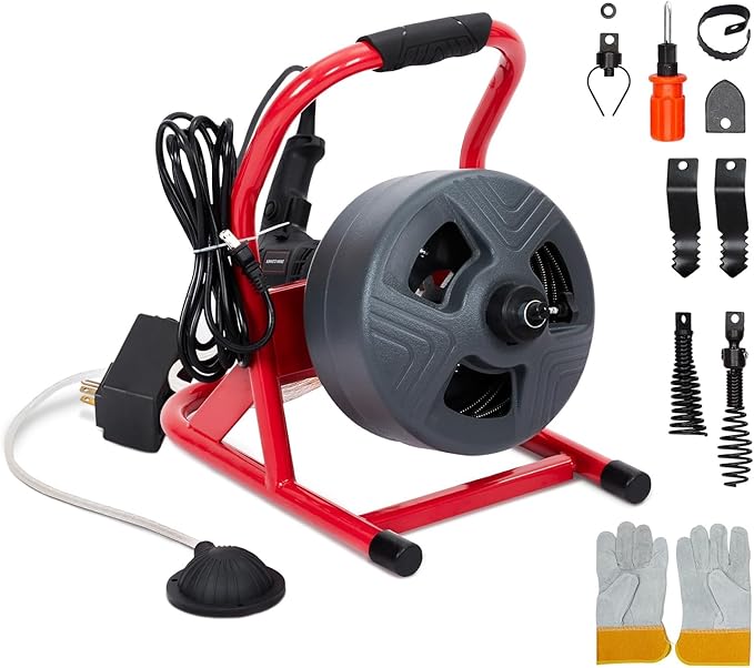 Drain Cleaner Machine 50Ft x 5/16 Inch, Electric Drain Auger with Foot Switch, Sewer Snake for 3/4 to 3 Inch Pipes, Includes 6 Cutters & Gloves