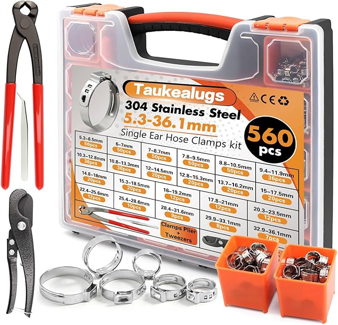 560PCS 22-Sizes Stepless Single Ear Hose Clamp Kit with Pliers & Cutter, 5.3-36.1mm (1/4"-1-3/8") 304 Stainless Steel Anti-Corrosion Clamps for Automotive Fuel Line,CV Boot,HVAC,Radiator & PEX