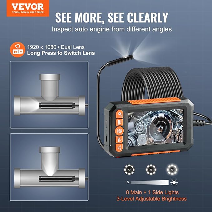 VEVOR Endoscope Camera with Light, Dual Lens Industrial Borescope, 4.3" Screen 1080P Inspection Camera, 8 + 1 Lights, 4X Zoom, IP67 Waterproof Snake Camera for Auto, Plumbing (16.4FT Cable, 32GB Card)