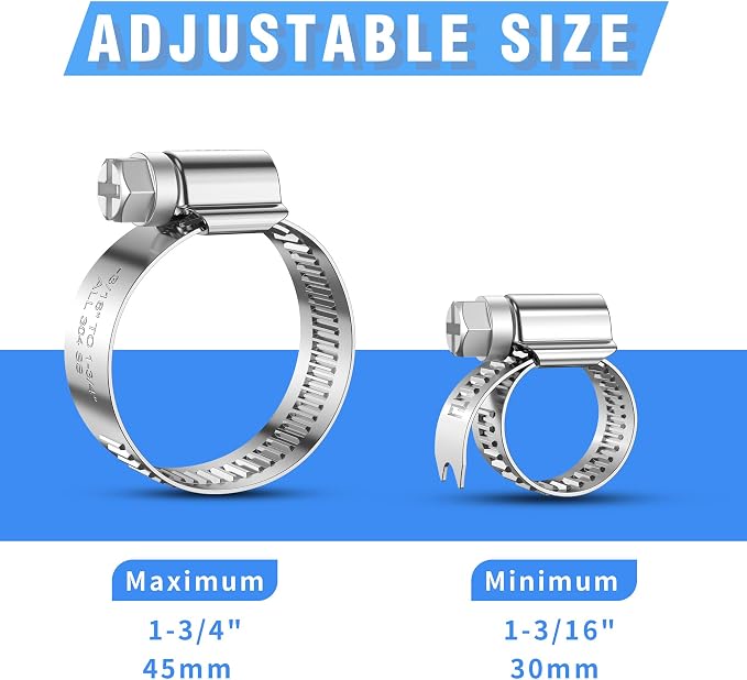 24PCS Adjustable Hose Clamps, 304 Stainless Steel Worm Gear, 1-3/16" to 1-3/4"(30-45mm), Rolled Edge No Perforations, Heavy Duty Reusable Pipe Clamp for Home, Auto, Piping, Marine, Industrial