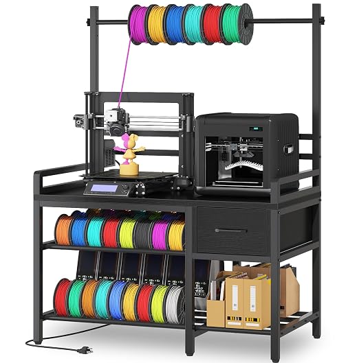 3D Printer Stand with Filament Storage – Tall 66" Heavy Duty Metal 3D Printer Table with Power Hub, Drawer & X-Bracket Stability for Workshop, Studio, Office