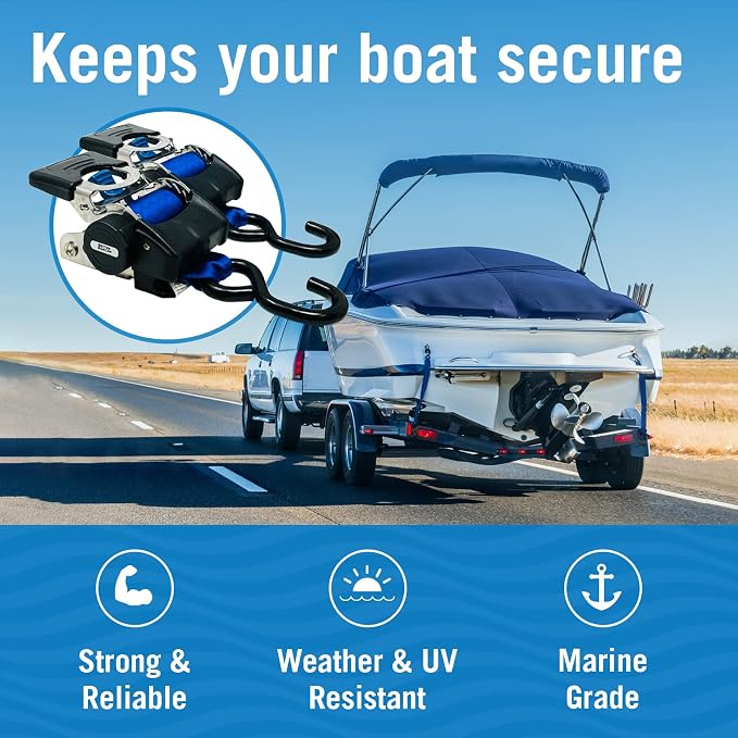 Stainless Steel Retractable Ratchet Straps, Heavy Duty Set, 2 Inch x 43 Inch, 2 Transom Tie-Downs with Mounting Brackets and Bolts, Auto Self-Retracting Buckle for Boat Trailer and Cargo