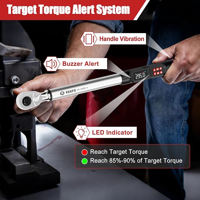 VANPO Digital Torque Wrench 1/2-Inch Drive, 14.7-295.0 ft-lb/20-400 Nm | ±2% Accuracy, Electronic Torque Wrench with LCD Display, Audible & Vibration Alert, for Automotive & Light Industrial Work