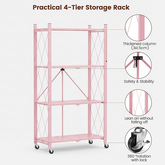 ALANNG 4 Tier Folding Storage Shelf on Wheels,Heavy Duty Metal Rolling Cart | 264 lbs Capacity, No Tools Assembly, Folds to 3.9", Lockable Casters, Portable for Kitchen Laundry Garage