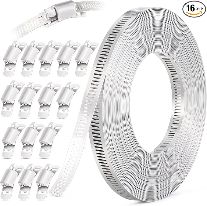 OURU 30FT Hose Clamps,304 Stainless Steel Hose Clamp Assortment Kit DIY Metal Strapping with Holes+15 Fasteners,Adjustable Worm Gear Large Hose Clamps Metal Band Screw Clamp Straps for Pipe,Duct,Tube