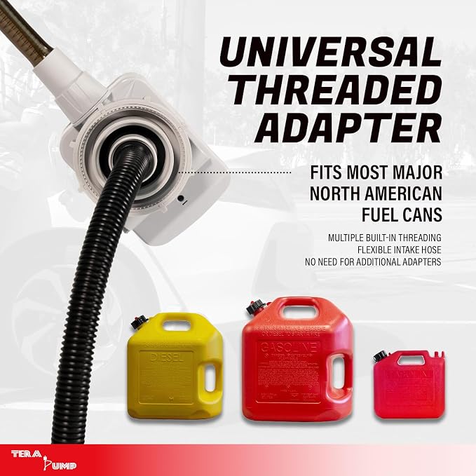 TERA PUMP TRFA03 Universal Gas Can Adapter Battery Powered Fuel Transfer Pump (2.6 GPM) No Spill Sensor, 3.28 ft Vinyl Hose, Power Nozzle, 4 x AA Power