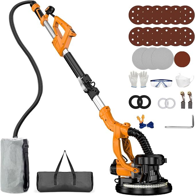 Drywall Sander Popcorn Ceiling Removal Tool with Vacuum Dust Collection 9 Variable Speed Collapsible Extendable Handle Electric Sander for Drywall with LED Light 16Pcs Sanding Discs Yellow