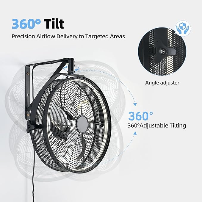 AHAWILL 20" Wall Mounted Fan with Lights, 360° Adjustable Tilt,Garage Wall Mount Fan with Remote&APP, Plug in Wall Fan,6-Speed&Reversible Gazebo Fan,3CCT Dimmable&Timer for Toolroom,Patio,Warehouse