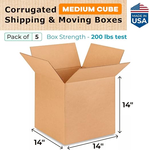 Medium Cube Moving & Shipping Boxes 14 x 14 x 14 inches (5-Pack) - Extra Strength 200 lb vs Regular - USA-Made Corrugated Boxes for Shipping - Medium Shipping Box by IDL Packaging