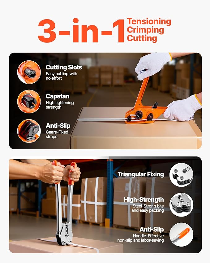 VEVOR Banding Strapping Kit, Heavy Duty Banding Sealer Tool with 3200 ft Length PP Band, 1000 Metal Seals, 50 Corner Protectors, Plastic Pallet Packaging Strapping Kit for Warehouse/Shipping/Moving