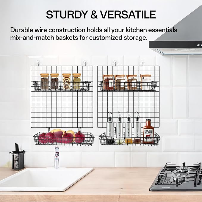 4 Pack 15.75 x 6 x 2.36 Inch Metal Grid Wall Baskets with Hooks, Hanging Wire Grid Basket, Multi-Function Wall Mounted Organizer for Kitchen Organizing Display, Black