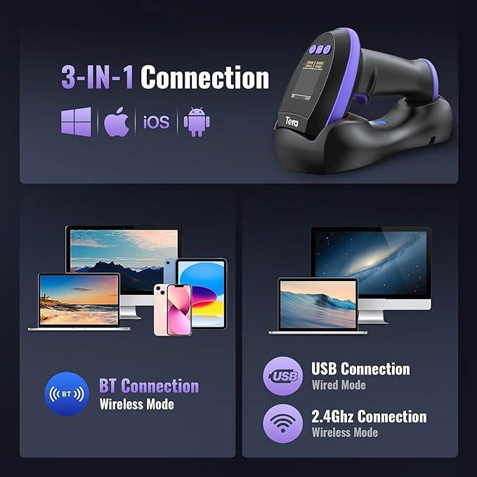 Tera Barcode Scanner Wireless with Screen: Pro Version 1D 2D QR with Setting Keypad Charging Cradle Works with Bluetooth 2.4G Wireless USB Wired Handheld Bar Code Reader HW0009 Purple
