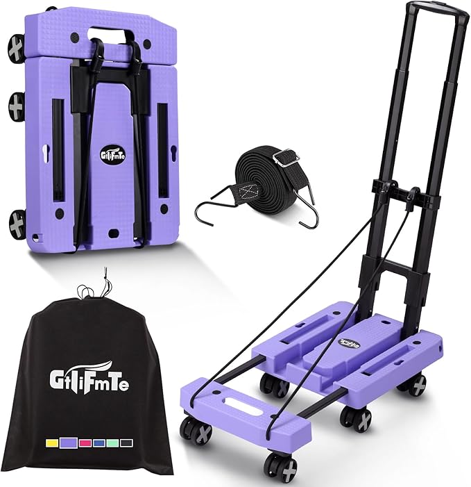 Folding Hand Truck Lightweight Hand Truck Dolly Foldable,Luggage cart with 6 Rotate Wheels, Utility Cart with Adjustable Handle,Collapsible Dolly for Moving (Purple)