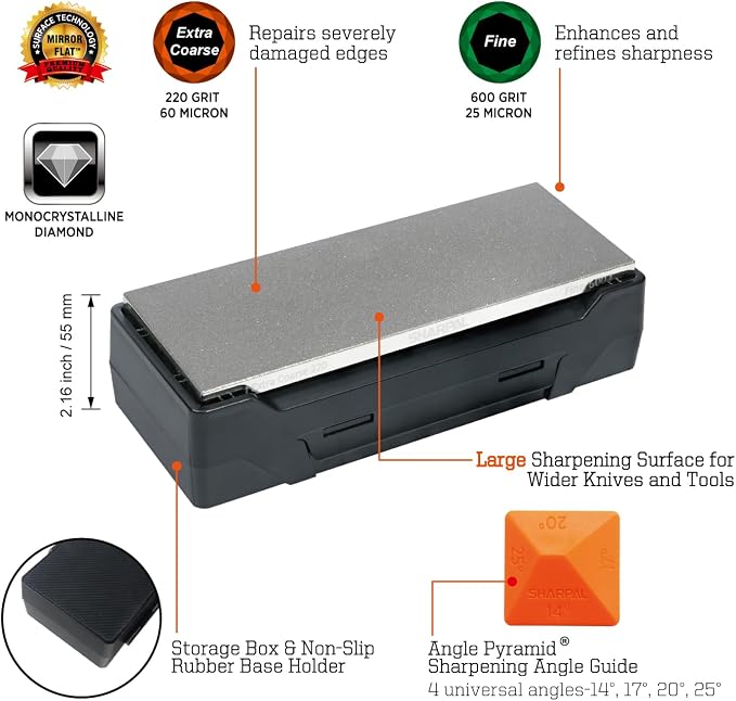 SHARPAL 163N Diamond Sharpening Stone, Dual Grit 220/600 – Extra Coarse & Fine for Dull and Damaged Blades, 8" x 3" with Storage Case (NonSlip Base) & Angle Guide Gifts for Men