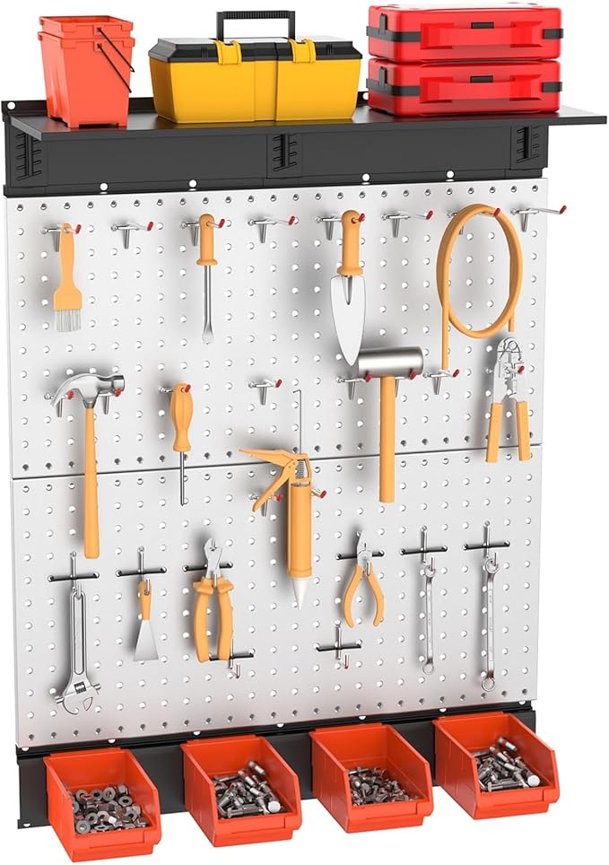 TORACK Metal Pegboard with Accessoreis for Garage Wall, Tool Organizer Pegboard with Hooks, Wall Mounted Bins/Shelf, Tool Storage Peg Board for Wall(Grey)