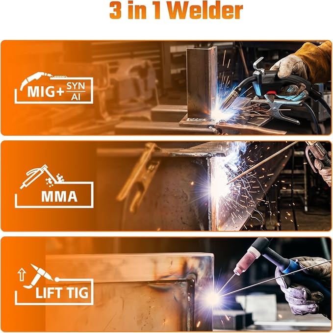 This Hill 145A 3-in-1 Welder, 110V Portable MIG/Lift TIG/Stick Welding Machine, Gasless Flux Core Welder with Large Digital Display, IGBT Inverter, Lightweight 11.6lbs for DIY & Metal Repair