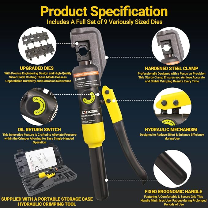 10 Ton Hydraulic Crimping Tool Kit with 8 Dies, Professional Wire Crimper for 12 AWG to 2/0 AWG, Battery Cable and Stainless Steel Wire Rope for Wire Rope, Battery Cable Ends Ring Terminals
