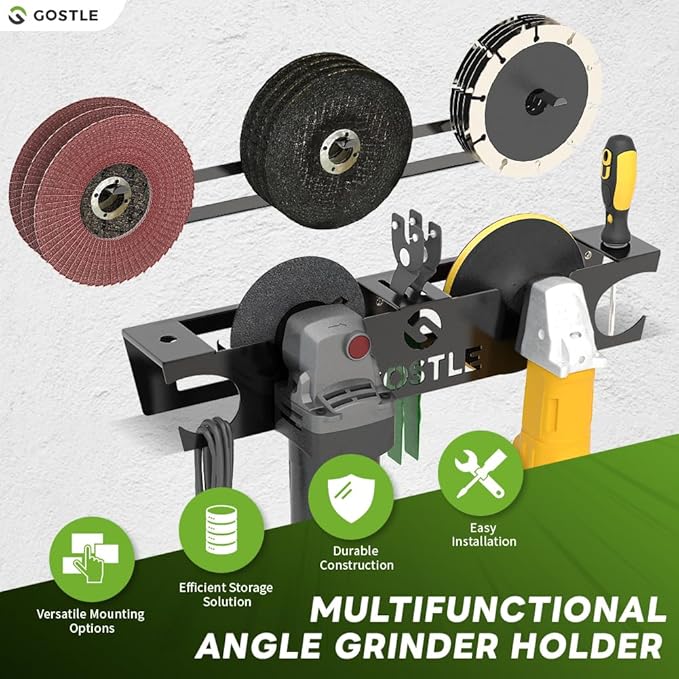4 Bay Angle Grinder Holder with Discs Hook Rack, Grinders Power Tools Holder Storage Rack, Wall Mount Organizer Bracket for Cutters Polishers with Cord Hanger and Hooks