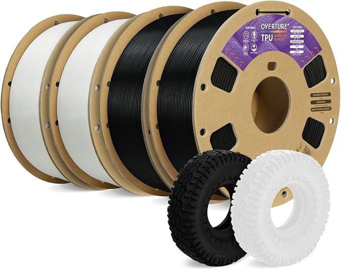 OVERTURE 4KG Bundle TPU 95A Flexible 3D Printer Filament 1.75mm | High Elasticity & Durability Filament,4 Pack 1kg Spool(2.2lbs),Fit Most FDM Printer(Black*2+White*2)