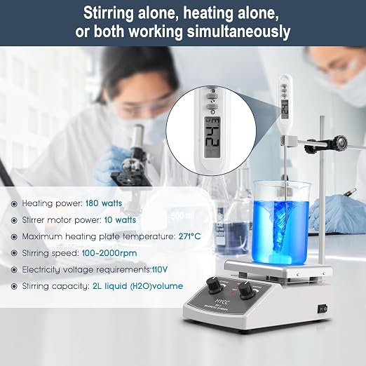 HYCC Magnetic Stirrer Hot Plate Max 520℉, 100-2000RPM Hot Plate with Magnetic Stirrer, 2000mL Magnetic Hotplate Stirrer, Magnetic Stirrer w/Thermometer, Magnetic Stir Bar, Stir Bar Retriever