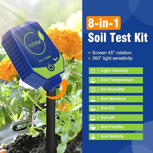 YINMIK 8 in 1 Soil Test Kits, Moisture pH Meter for Soil, Plant pH Conductivity Tester, pH Moisture EC Salt Humidity Light Fertility Temp Reader for Garden, Grass, Lawn, Greenhouse, Farming, Yard