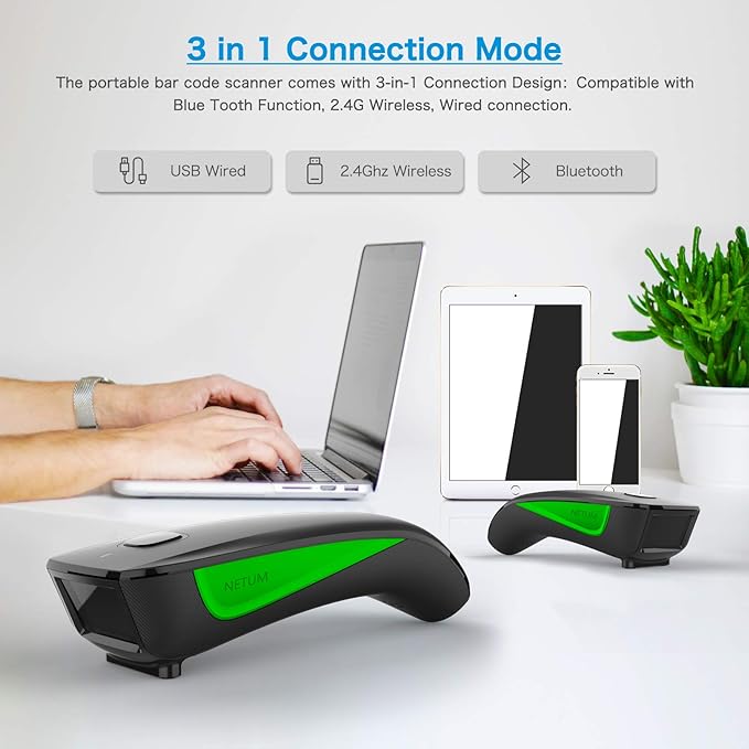 NETUM Mini Barcode Scanner Bluetooth Compatible, Small Portable USB Bar Code Scanner for Inventory, 2.4G Cordless Image Reader for Tablet iPhone iPad Android iOS PC POS (1D-C740-Green)