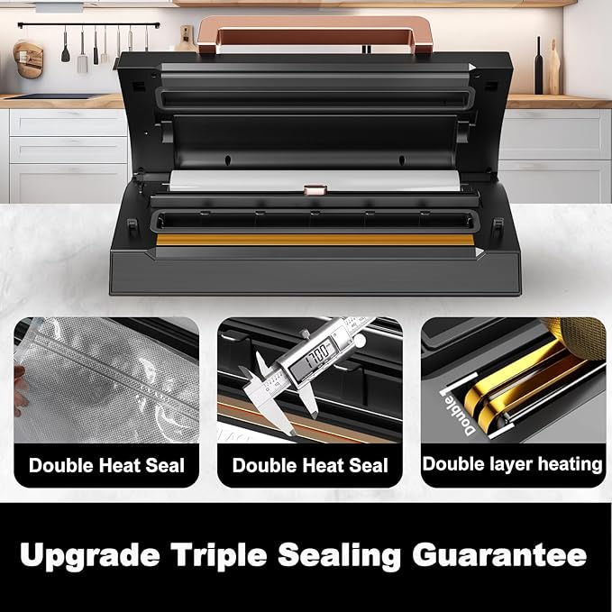 Powerful Suction Vacuum Sealer Machine,Commercial Fully Automatic Food Vacuum Sealer with Double Heat Seal,Dry & Moist Modes,Built-in Cutter,Bags Storage,Easy-Lock Handle,Include 2 Bag Rolls (Black)