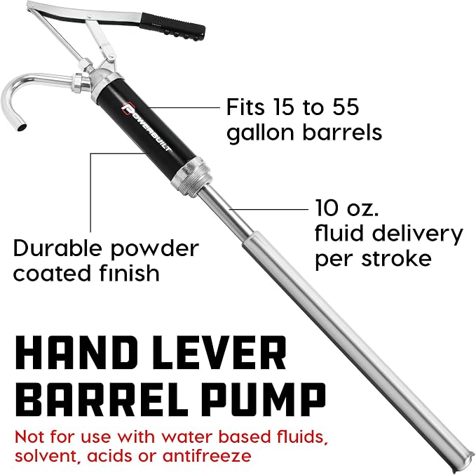 Powerbuilt Heavy Duty Level Action Barrel Pump, Drum Pump with Telescoping Suction Tube Fits 15 to 55 Gallon Drums, For Transferring Motor Oil, Heating Oil, Transmission Fluid- 648770