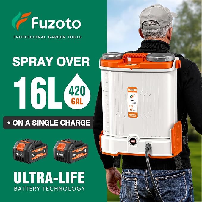 4.2 Gallon Battery Powered Backpack Sprayer for Lawn, Garden, Yard | Built-in Mixing System,45-90PSI Adjustable Pressure,6 Hours Long Battery Life,6 Spray Nozzles,39" Telescopic Wand