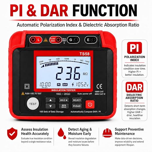 AIOMEST Megohmmeter 0.1MΩ-20GΩ Digital Insulation Resistance Tester with 50V/100V/250V/500V/1000V Output Voltage, Data Logging, 10V~600V AC/DC Voltmeter Megohm Meter w/Test Lead & Zipper Bag