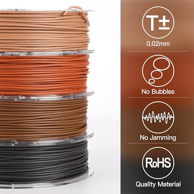 AMOLEN Wood PLA Filament Bundle 3D Printer Filament Wood Sets,Walnut,Cherry,Bamboo,Ebony,3D Printing Filament,PLA Filament 1.75mm,200g*4 Spools