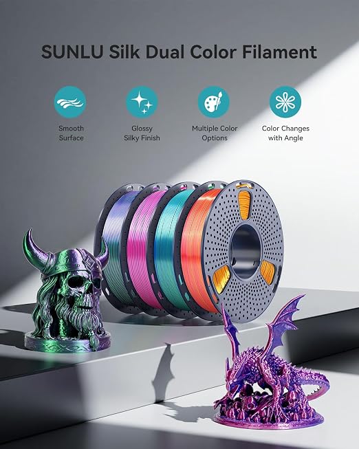250g Silk Dual Color PLA Filament 1.75mm Bundle, SUNLU 3D Printer Filament, Coextruded Shiny Multicolor PLA, Individually Vacuum Packed, 4 Rolls, Red Gold+Blue Green+Red Blue+Green Purple