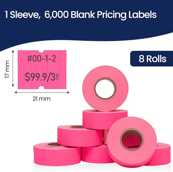 Perco 2 Line Fluorescent Pink Labels - 6,000 Blank Price and Date Gun Labels for Perco 2 Line Price and Date Guns - 8 Rolls, 1 Sleeve - Made in USA