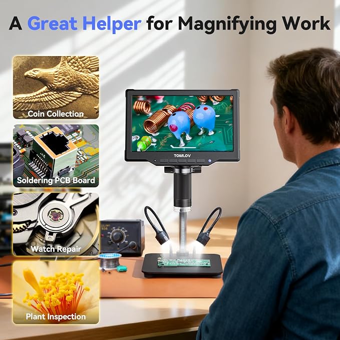 TOMLOV DM10 10.1" Digital Microscope: 1080P 1200X HD IPS Coin Microscope Magnifier for Error Coins with Light, 16MP LCD Soldering Microscopes for Adults with Screen, PC View