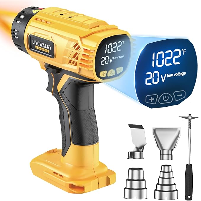LIVOWALNY Heat Gun Compatible with Dewalt 20v Battery(Tool Only):350W Cordless Battery Powered Heat Gun 122℉~1022℉ Variable Temperature Heat Shrink Gun w/LED Digital Display for Shrink Tubing,DIY