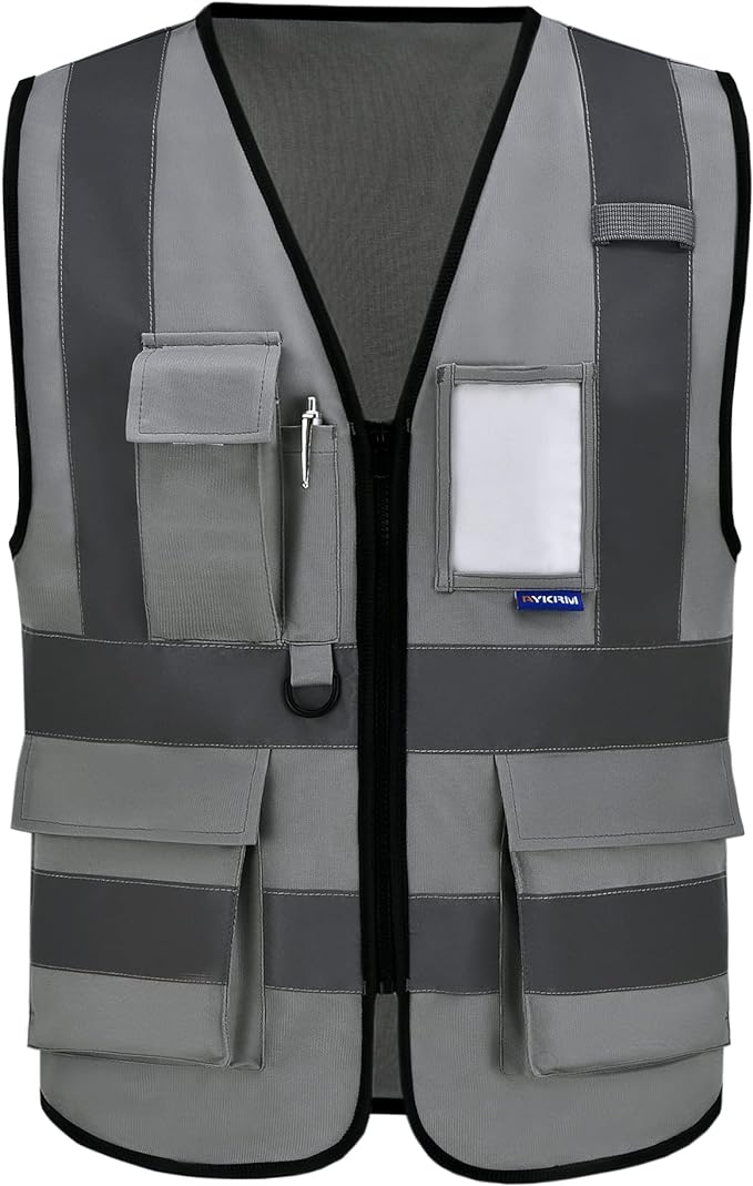 A-SAFETY high visibility reflective vest grey | Grey M Polyester work vest with 7 pockets, black front zipper and reflective strips for project management and surveying.