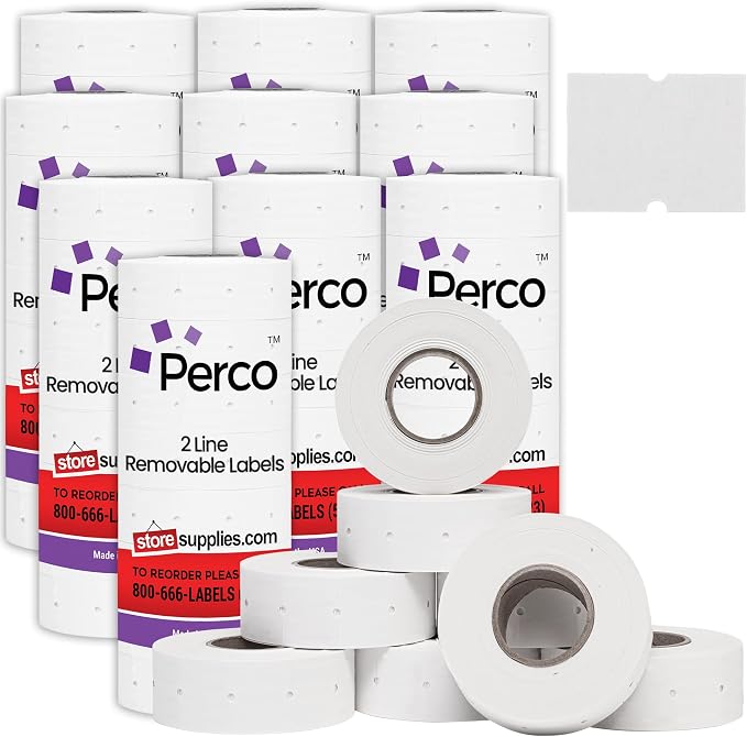 Perco 2 Line Removable Adhesive Labels - 60,000 Blank Price and Date Gun Labels for Perco 2 Line Price and Date Guns - 80 Rolls, 10 Sleeves - Made in USA