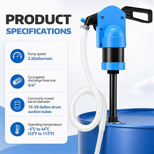 New Upgrade Plastic 55 Gallon Hand Lever Action Drum Pump, Manual Siphon Barrel Pump for DEF/AdBlue, Oils, Antifreeze, Ag Chemicals & Low Concentration Liquids, Includes 6.6ft 3/4" Corrugated Hose | Manual Siphon Barrel Pump, For DEF/AdBlue, Oils, Anti...