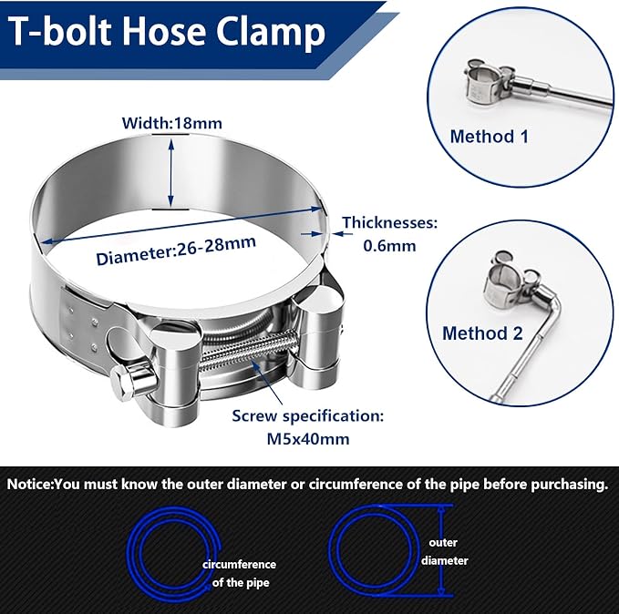 Tnisesm 30Pcs T-Bolt Hose Clamps, 6 Size 17-35mm Heavy Duty Radiator Hose Clamps Assortment Kit, 304 Stainless Steel Pipe Tube Clamps with M8 and M10 Socket Wrenches
