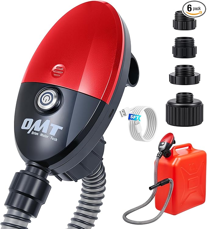 Orion Motor Tech Electric Fuel Transfer Pump with Auto-Shutoff, 3.2GPM Gas Can Pump, 51" Hose, USB-C & AA Battery (NO BATTERIES INCLUDED) Powered, 4 Adapters for Gasoline, Diesel, Kerosene, Red
