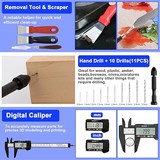 158 PCS 3D Printing Tool Kit, 3D Printing Accessories with Nozzle Cleaning Kit, Deburring Tool, Digital Caliper, Mini Rotary Tool, Smoothing Tools, 3D Printer Tools for Removing Finishing 3D Print
