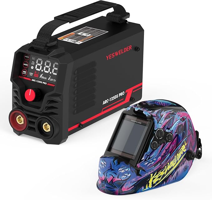 YESWELDER Stick Welder 125Amp Large LED Display Digital 110V ARC Welder & Large Viewing Screen 3.93"X3.66" True Color Solar Power Auto Darkening Welding Helmet, 4 Arc Sensors Welder Mask