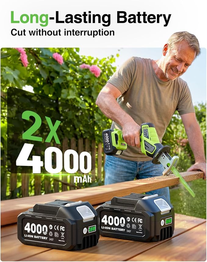 TaskStar Cordless Reciprocating Saw 21V: One-Handed Reciprocating Saw with 0-3500 RPM Brushless Motor, 2 x 4.0Ah Batteries, 8 Quick-Change Blades, LED Light, Perfect for Wood PVC Metal Cutting
