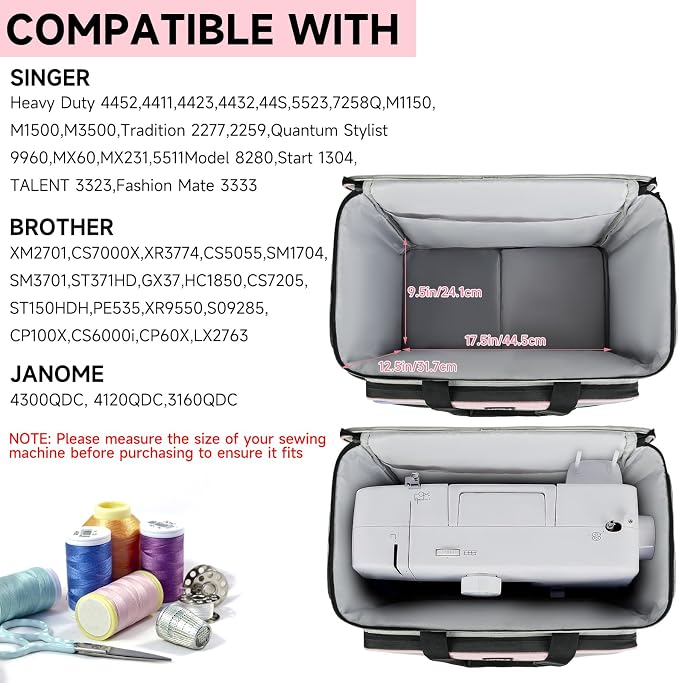 LEFOR·Z Rolling Sewing Machine Case with Wheels,Sewing Machine Carrying Bag,Trolley Tote Bag Fits for Most Standard Singer,Brother,Janome Sewing Machine and Accessories,Grey/Pink