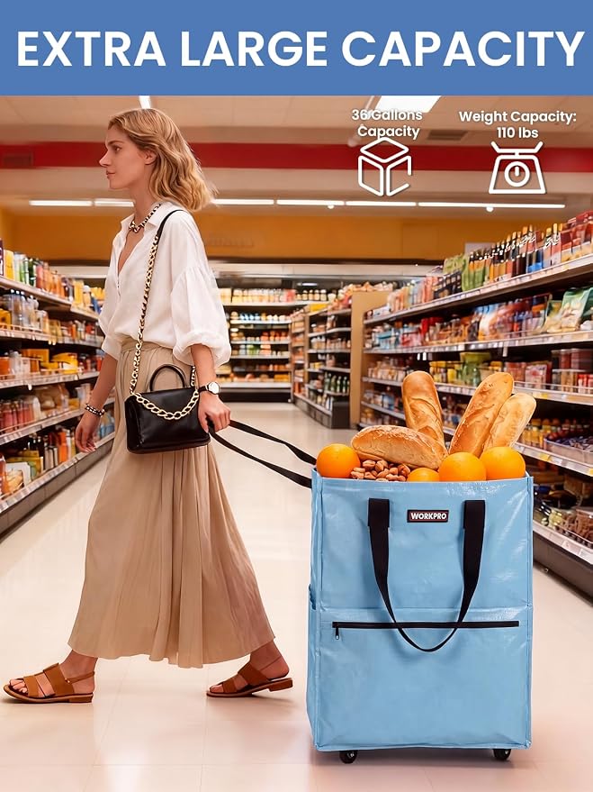 WORKPRO Large Rolling Grocery Bag, 36-Gallon Tote with 5 Wheels, 110 lbs Capacity, Dual Carry, Wide Zipper & Extra Storage for Shopping, Laundry & Moving