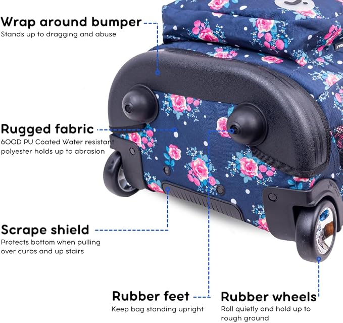 J World Sundance Laptop Rolling Backpack for Girls Boys. Roller Bookbag with Wheels, 20 Inch, Navy Rose